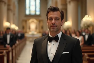 Acteur jouant le rôle du marié lors d'une cérémonie de mariage élégante dans Le Nounou mariage