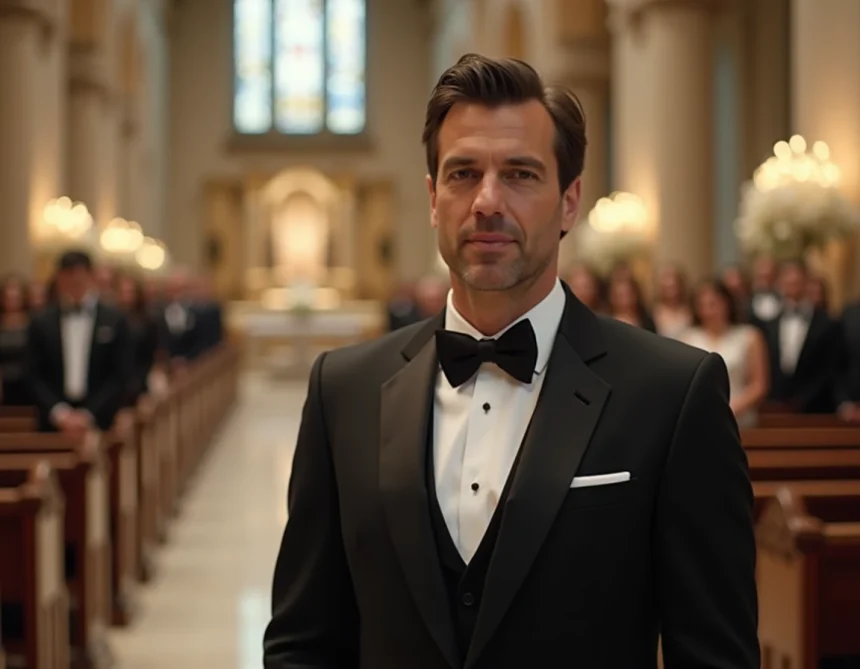 Acteur jouant le rôle du marié lors d'une cérémonie de mariage élégante dans Le Nounou mariage