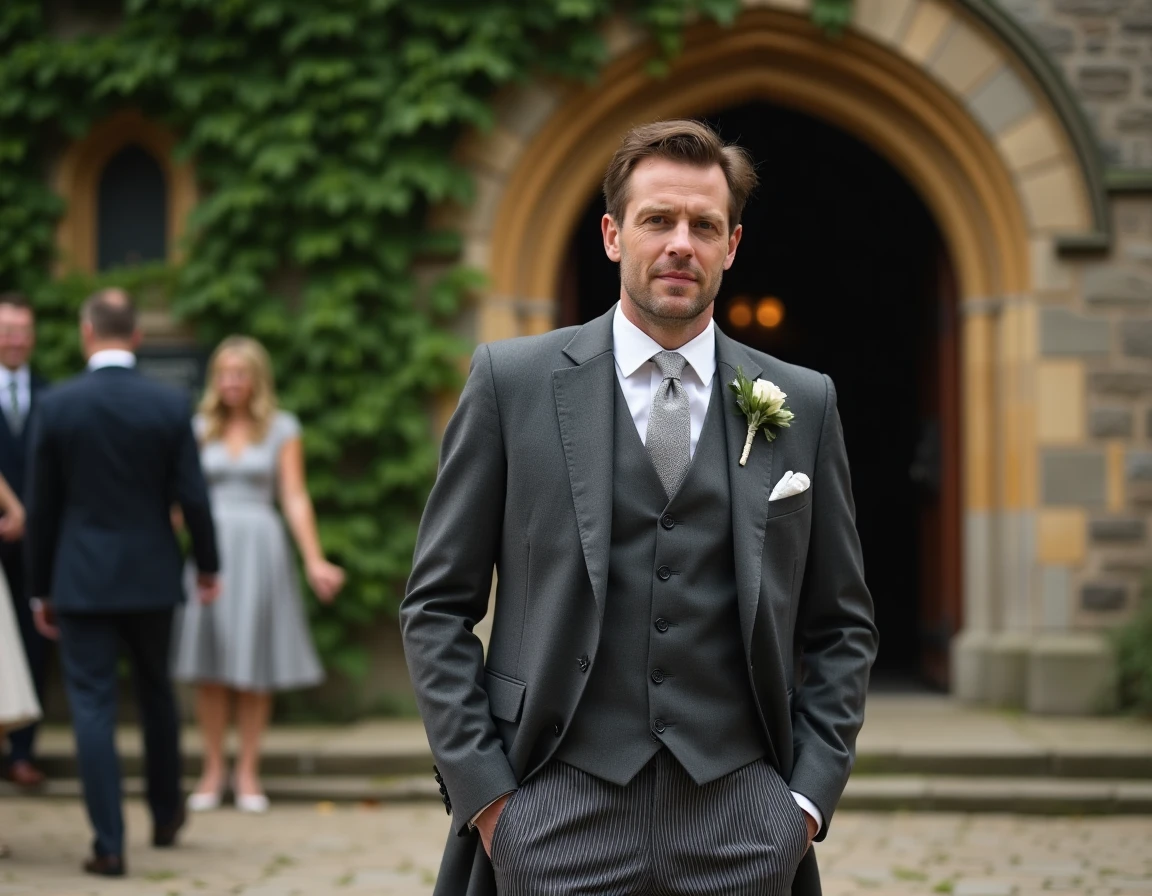 Acteur en costume de marié gris devant une église historique dans une scène inspirée du film Le Nounou mariage