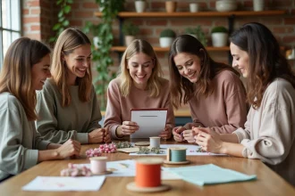 Groupe d'amies organisant une activité EVJF à la maison autour d'une table en bois avec des fournitures de décoration DIY