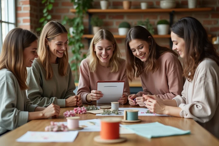 Groupe d'amies organisant une activité EVJF à la maison autour d'une table en bois avec des fournitures de décoration DIY