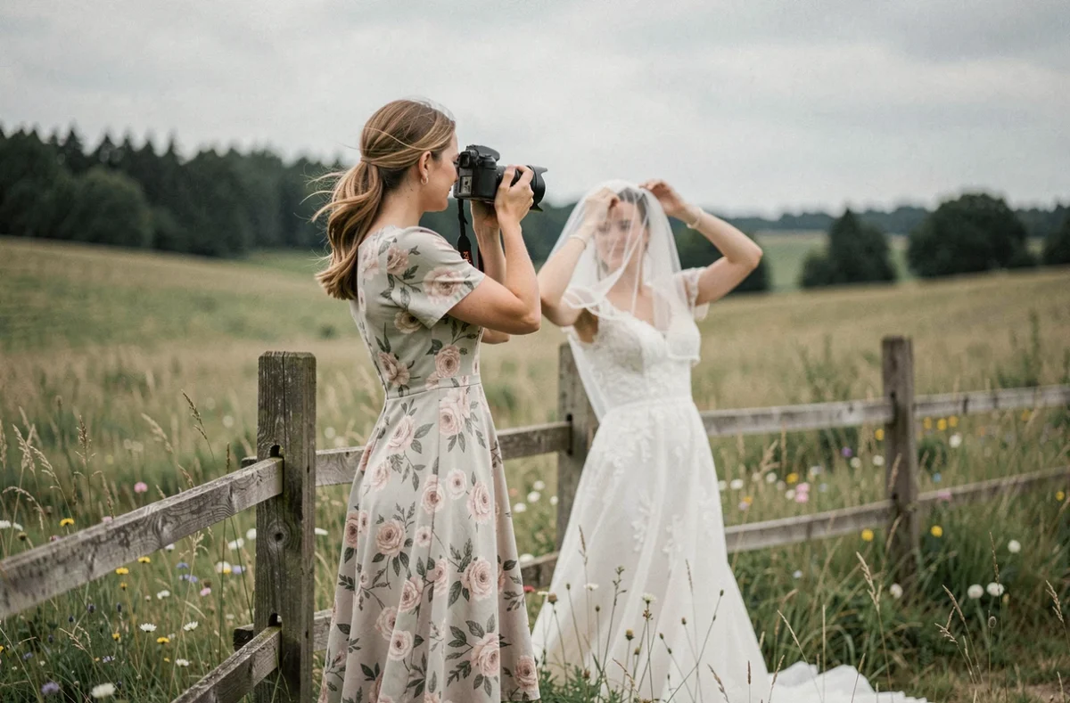 Adeline K., photographe de mariage, travaillant dans un champ fleuri de l'Ain avec une mariée