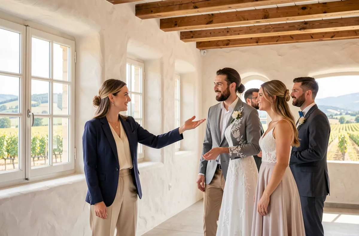 Adeline Melliez, photographe de mariage, guidant des mariés dans une salle lumineuse de l'Ain