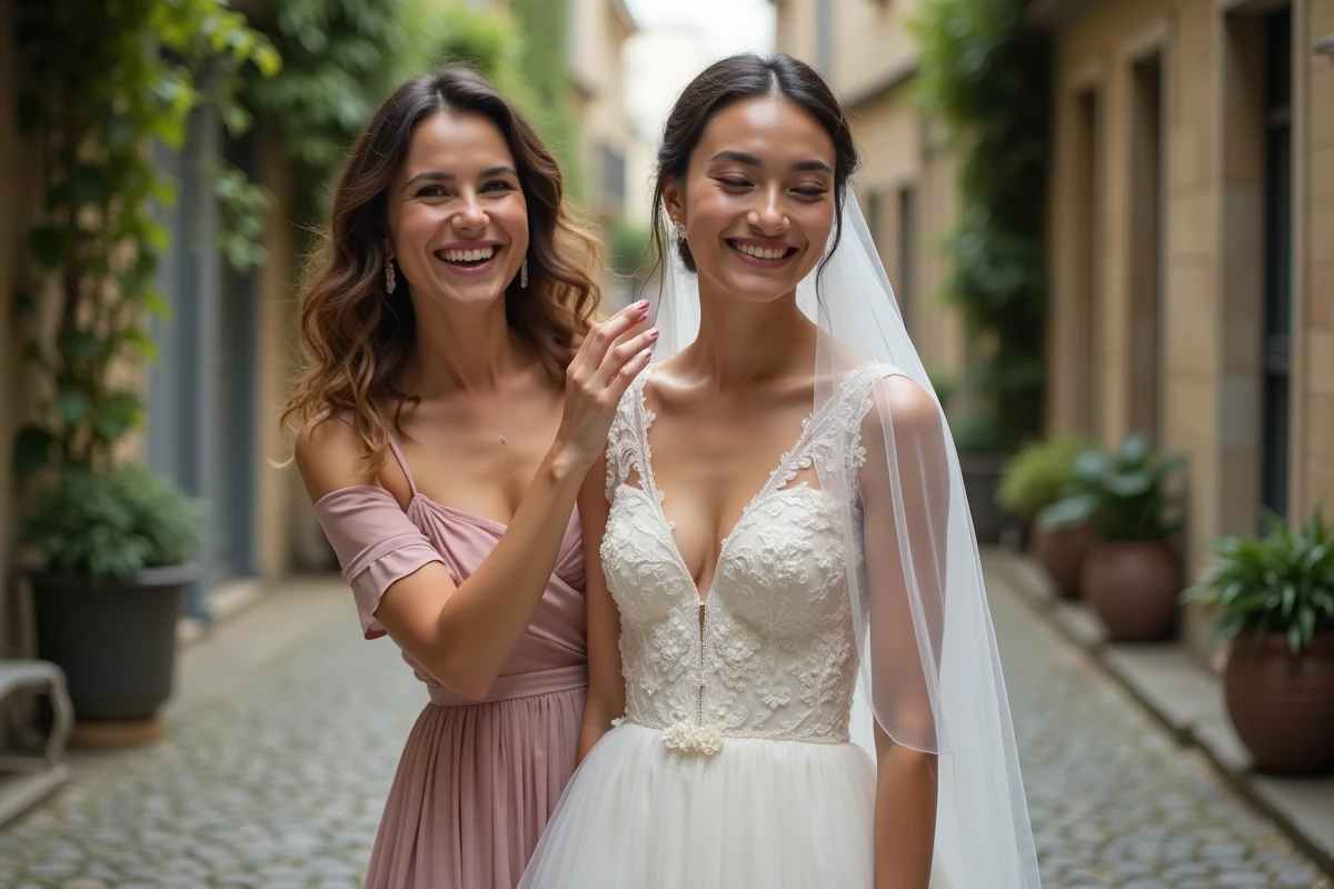 Amies ajustant la voile dans une cour parisienne