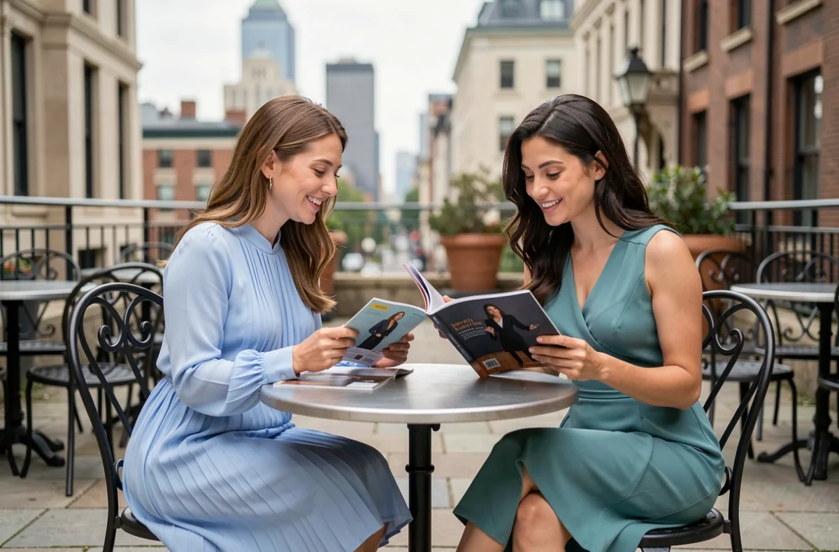 Deux femmes en robes bleues complémentaires discutant mode en terrasse, inspiration tenues de mariage petit budget