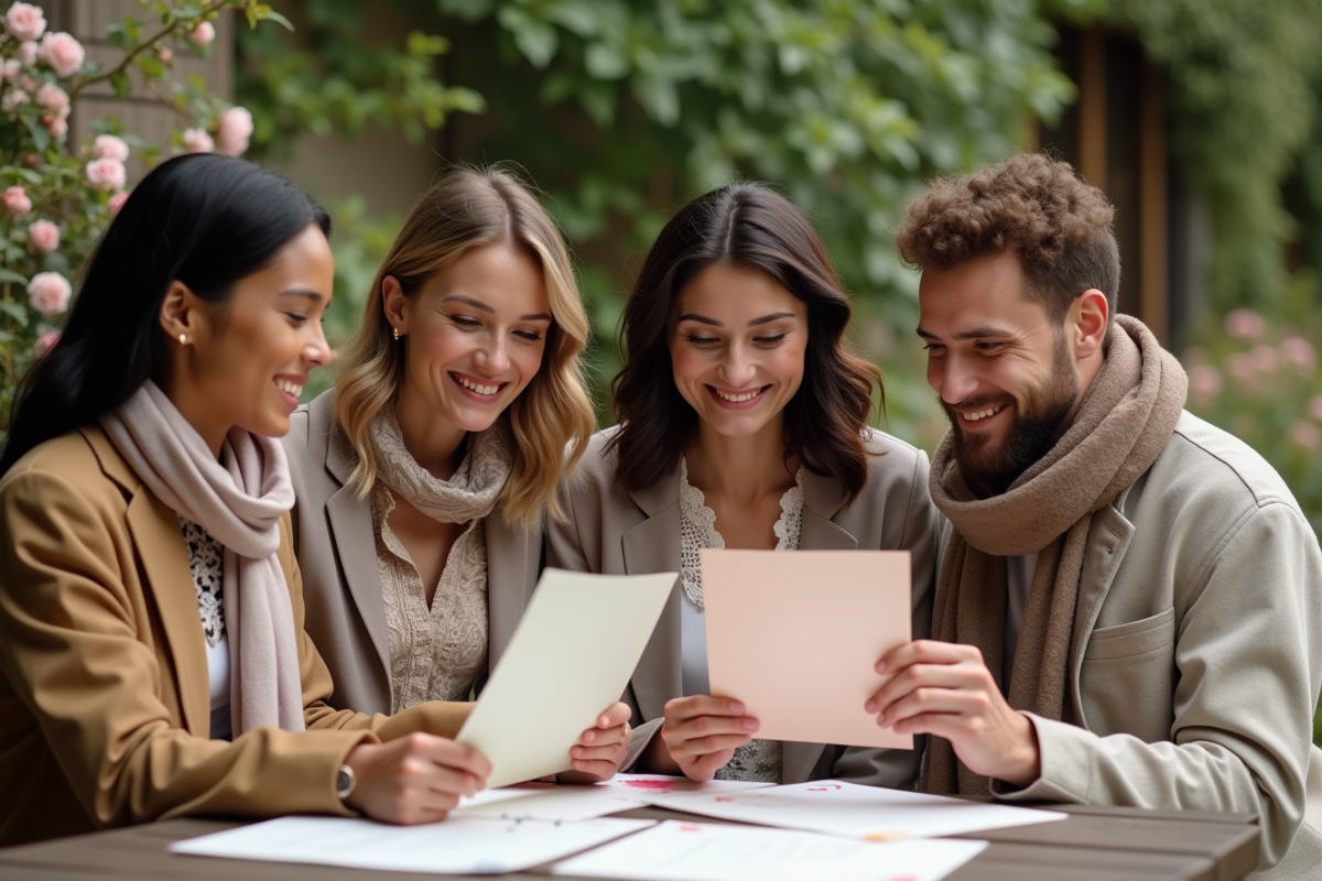 Amis préparant palettes florales et invitations mariage