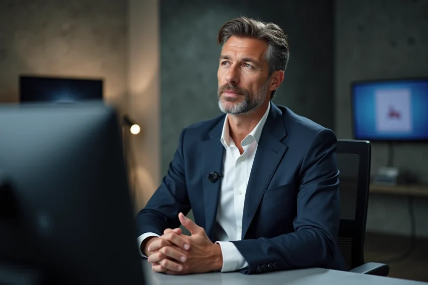 Animateur de télévision élégant assis dans une loge de studio, regard pensif, ambiance professionnelle et discrète