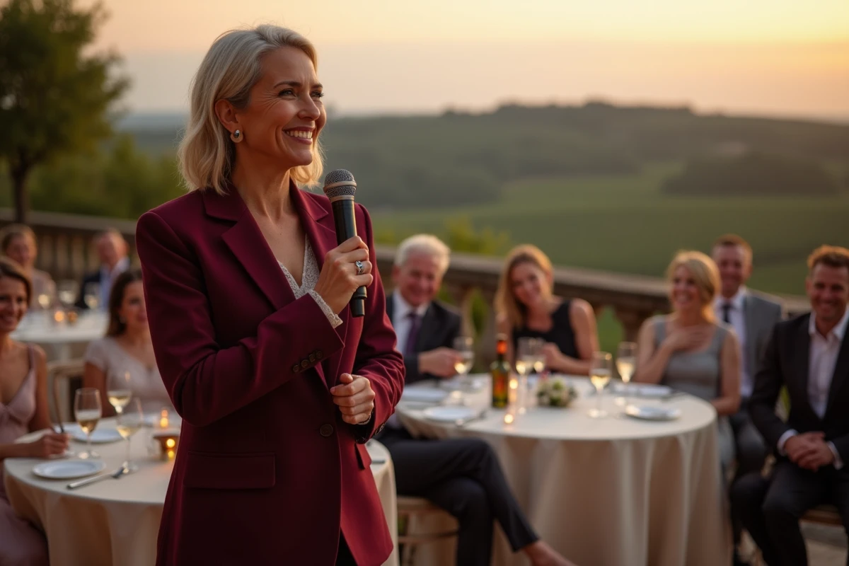 Animatrice de mariage tenant un micro animant un quiz pour les invités attablés sur une terrasse avec vue sur les vignes