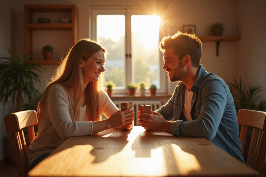 Jeune couple célébrant leur anniversaire de mariage à une table en bois