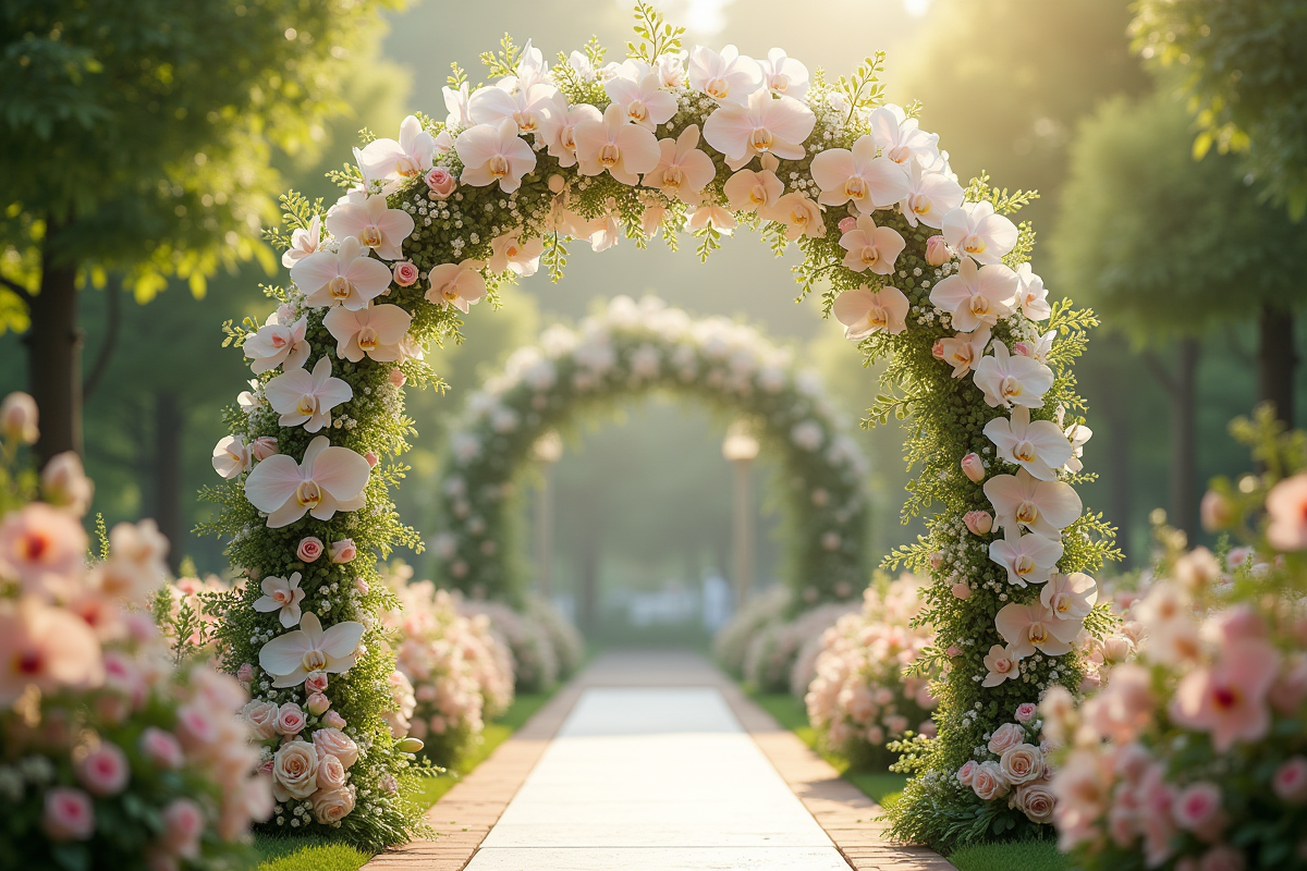 Arche de mariage extérieure décorée de fleurs blanches et verdure