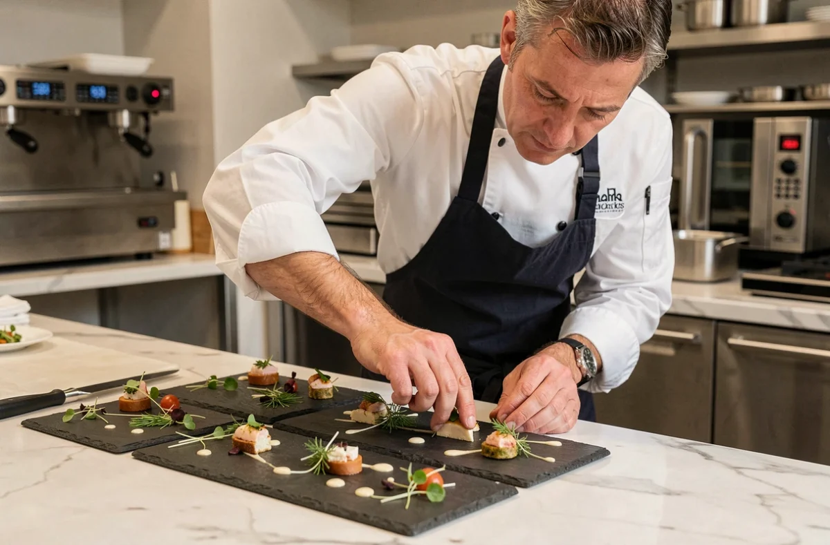 Chef cuisinier du traiteur Arômes et Mets dressant des assiettes gastronomiques dans une cuisine professionnelle moderne