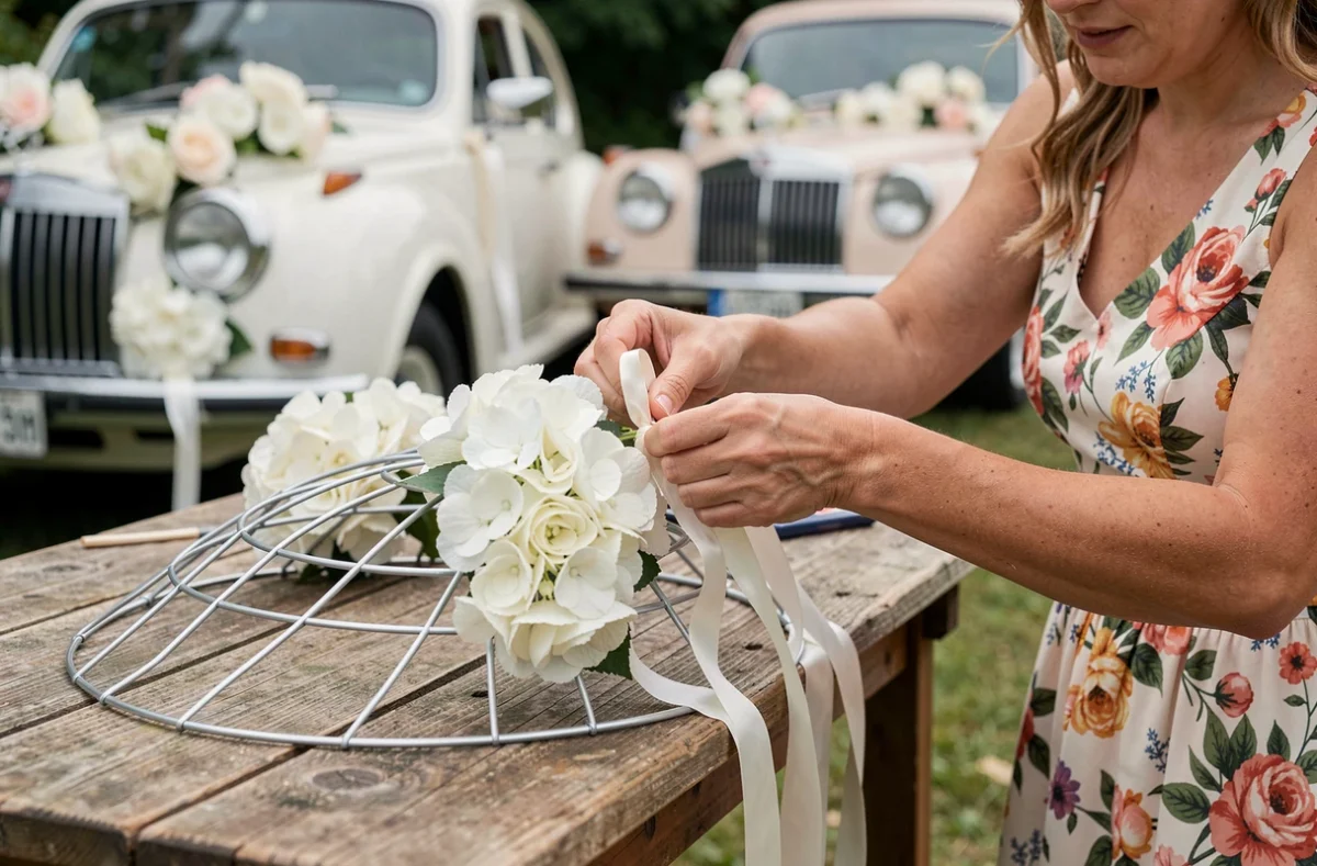 Femme assemblant un balai floral pour voiture de mariage avec hortensias blancs et rubans en satin sur une table en bois