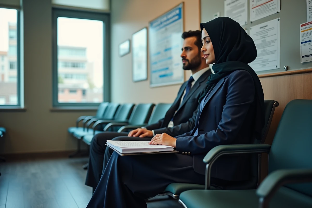 Femme en hijab dans une salle d
