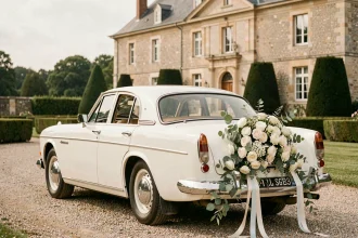 Voiture de mariage blanche avec balai floral en roses blanches attaché au pare-chocs arrière devant un château français