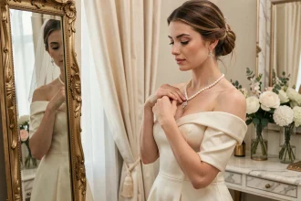 Mariée ajustant un collier de perles et diamants devant un miroir doré dans une suite nuptiale luxueuse