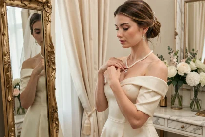 Mariée ajustant un collier de perles et diamants devant un miroir doré dans une suite nuptiale luxueuse