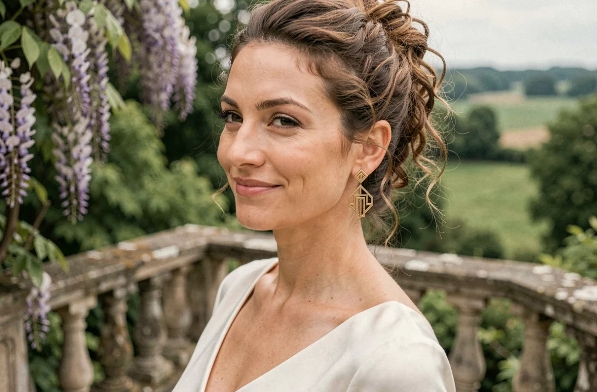 Mariée aux cheveux bouclés portant des boucles d'oreilles art déco en or dans un jardin fleuri