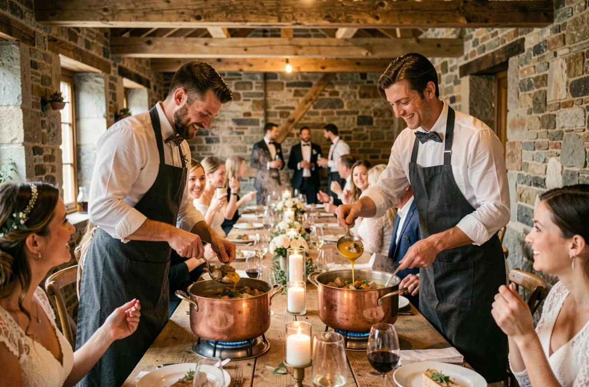Service de dîner convivial assuré par Bouillon Comptoir lors d'un mariage en salle de pierre, avec service de plats mijotés à table