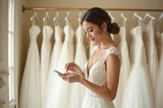 Jeune femme essayant une robe de mariée dans une boutique spécialisée, examinant une étiquette de prix