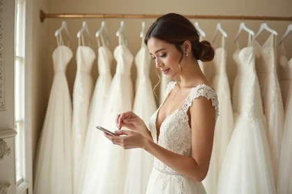 Jeune femme essayant une robe de mariée dans une boutique spécialisée, examinant une étiquette de prix