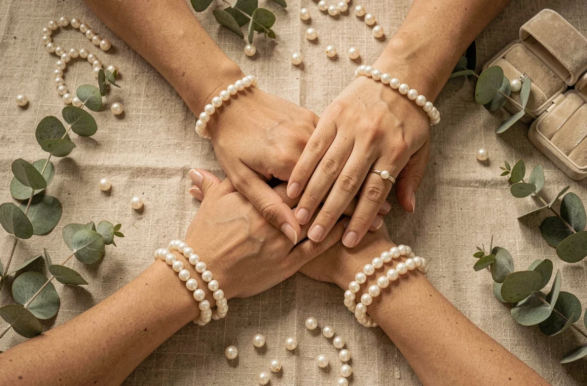 Mains de la mariée et de ses témoins portant des bracelets et bagues en perles assorties sur une table en lin avec écrin en velours