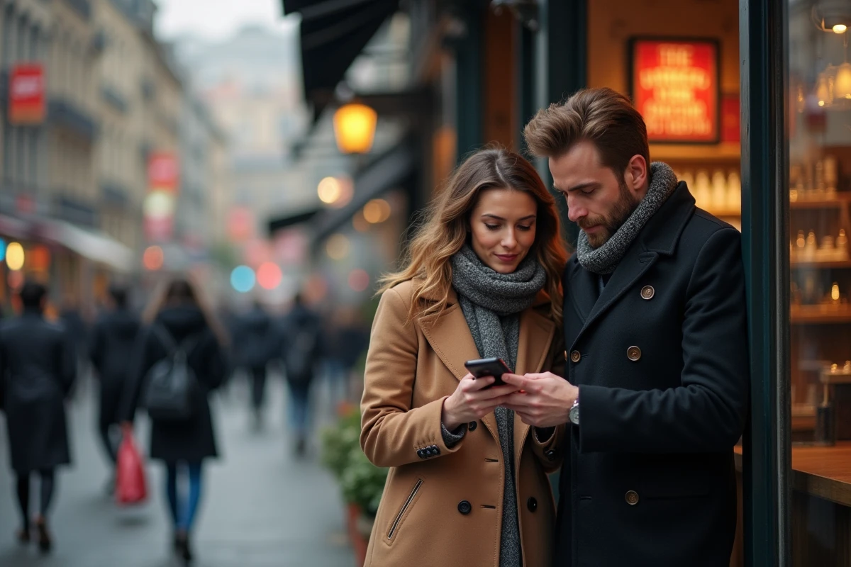 Homme et femme dans un café urbain regardant un smartphone