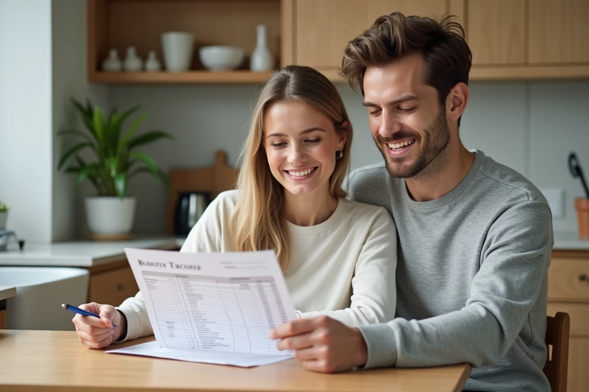 Couple calculant le budget total d'une robe de mariée incluant les retouches sur une feuille de calcul