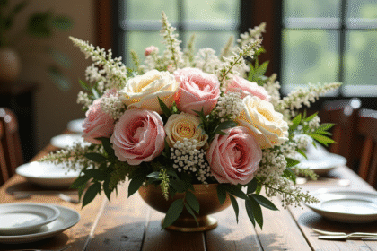 Centre de mariage rustique avec fleurs et vaisselle élégante
