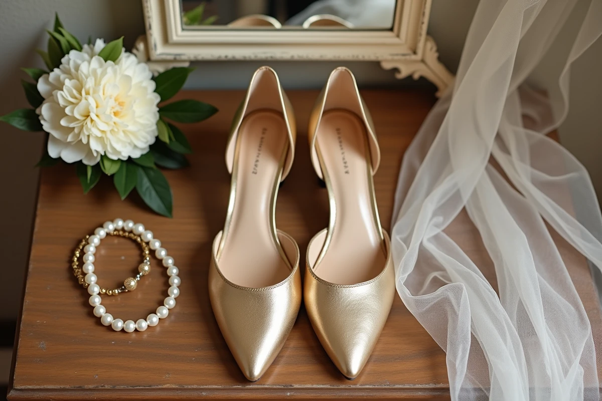 Chaussures de mariage dorées confortables posées sur une coiffeuse vintage entourées d'accessoires de mariée