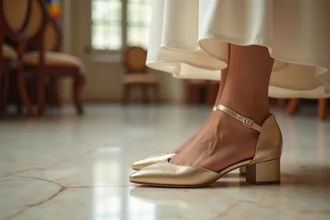 Chaussures dorées confortables à talon bas portées lors d'un mariage civil en mairie sur sol en marbre