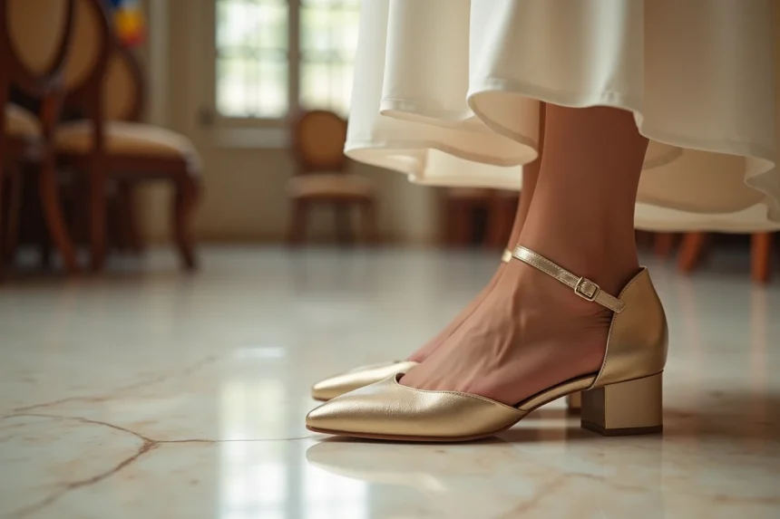 Chaussures dorées confortables à talon bas portées lors d'un mariage civil en mairie sur sol en marbre