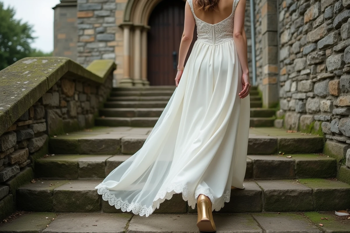Mariée en robe de dentelle blanche portant des chaussures dorées confortables sur les marches d'une église en pierre