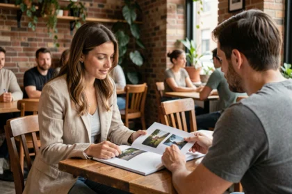 Une femme évalue le portfolio d'un photographe professionnel dans un café chaleureux lors d'une première rencontre