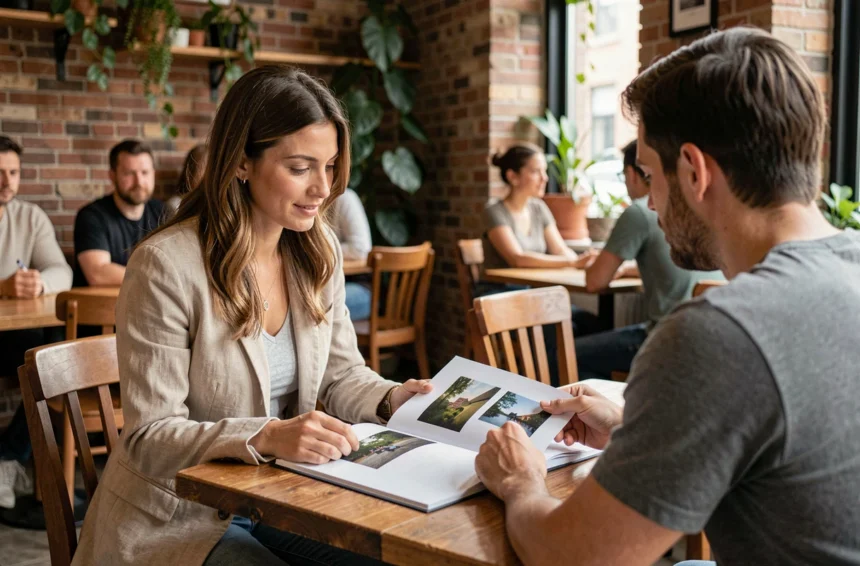 Une femme évalue le portfolio d'un photographe professionnel dans un café chaleureux lors d'une première rencontre