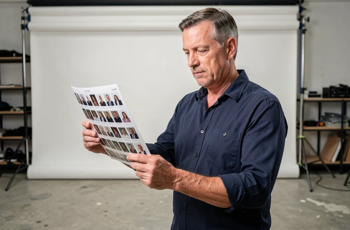 Un client examine des planches contacts dans un studio photo professionnel pour sélectionner le bon photographe