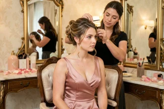 Coiffeuse professionnelle réalisant un chignon élaboré sur une demoiselle d'honneur en robe rose dans une suite nuptiale décorée