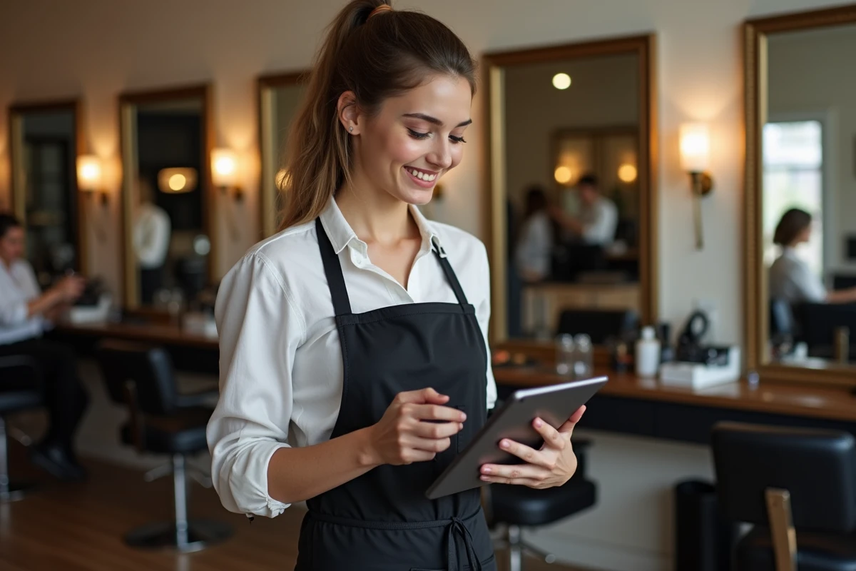 Coiffeuse professionnelle consultant le planning de rendez-vous sur une tablette dans un salon élégant