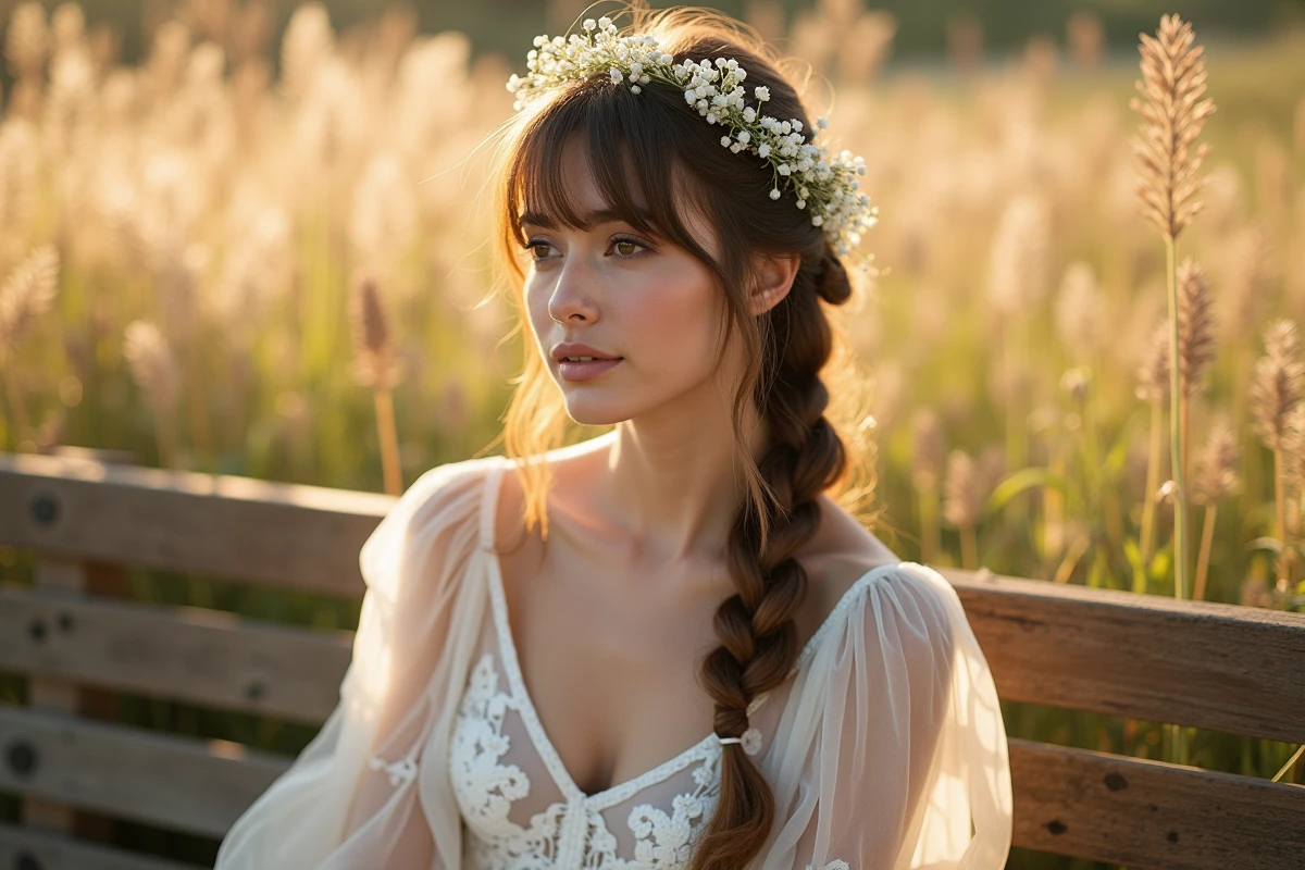 Coiffure natte bohème avec frange droite et fleurs séchées pour visage en cœur, mariée dans une prairie champêtre