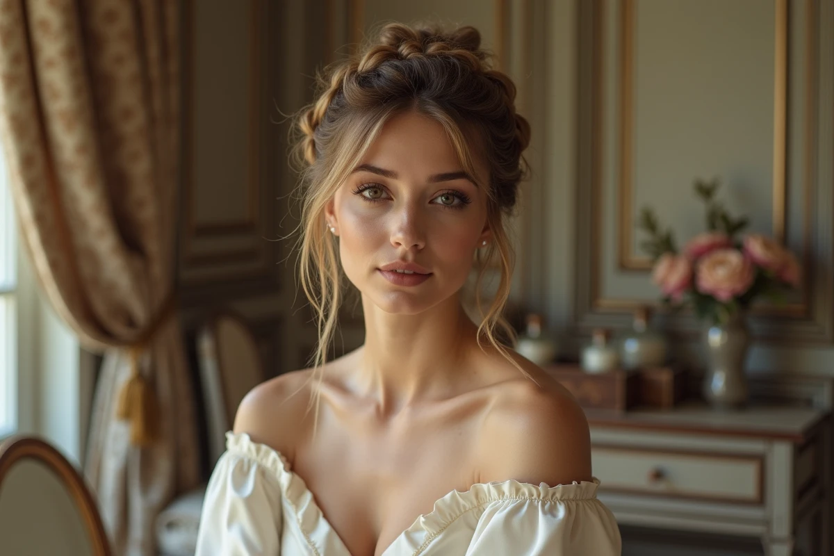 Coiffure tresse couronne avec frange rideau adaptée au visage rond, séance coiffure mariage dans un château