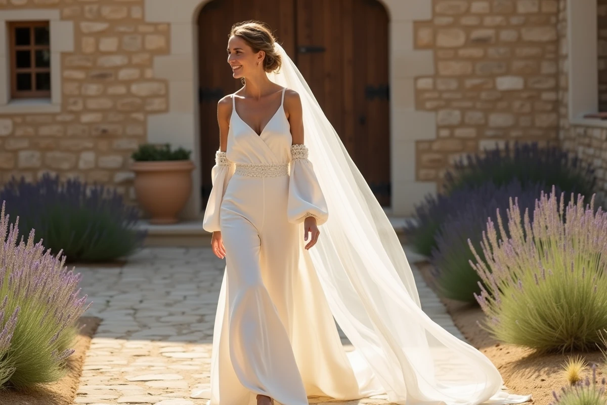 Mariée en combinaison blanche palazzo brodée marchant dans une cour provençale avec murs en pierre et lavande