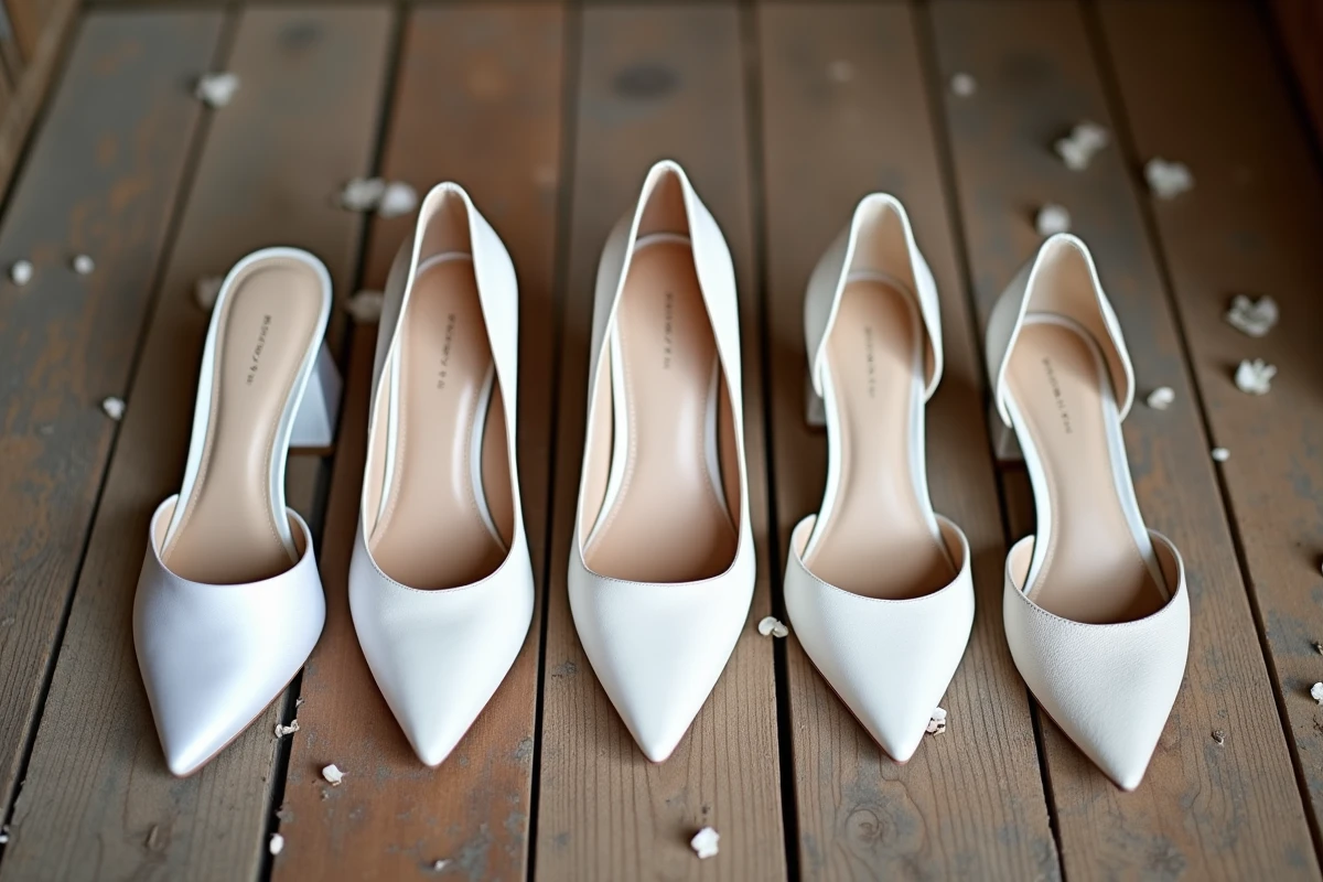 Comparaison de trois hauteurs de talon pour chaussures de mariée blanches posées sur un plancher en bois de grange