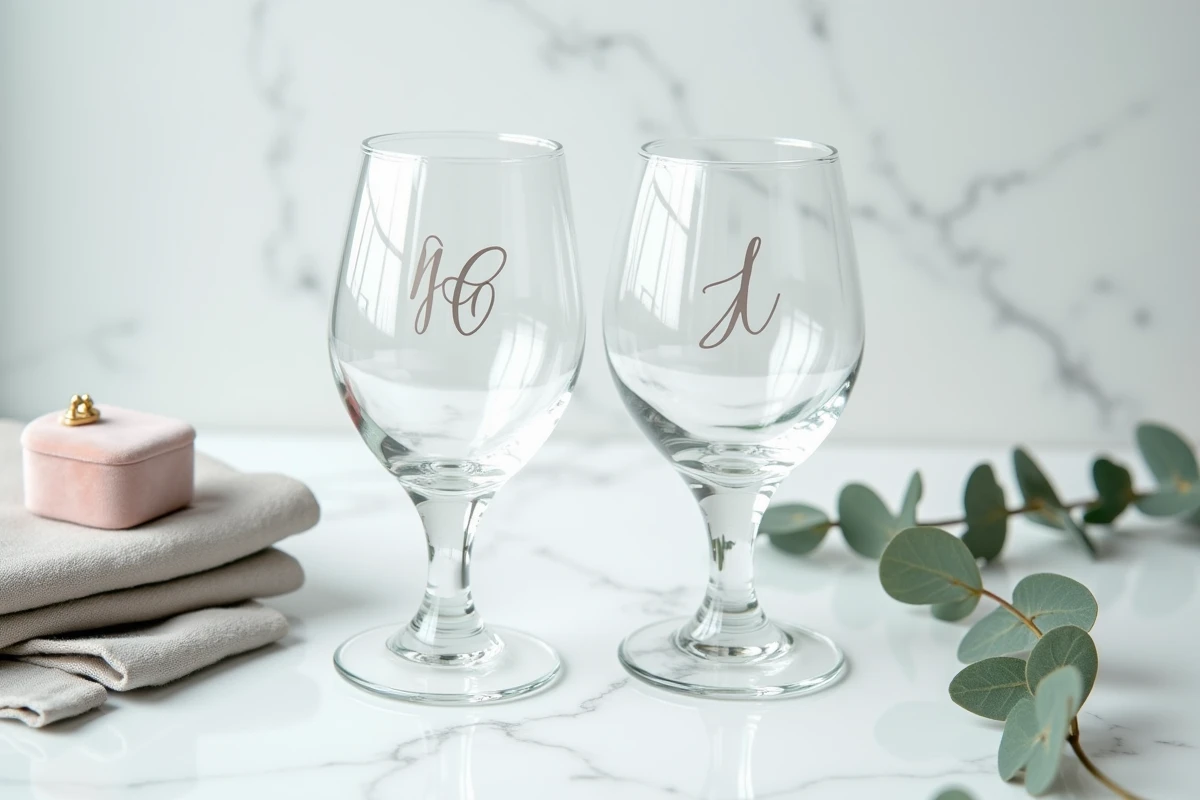 Comparaison entre lunettes coeur mariage personnalisées et non personnalisées sur marbre blanc avec accessoires de mariage élégants