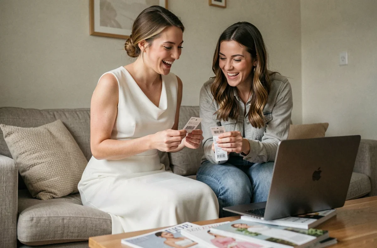 Deux amies comparant des prix de robes de mariée ajustées sur ordinateur portable dans un appartement, l'une portant une robe de mariée en crêpe