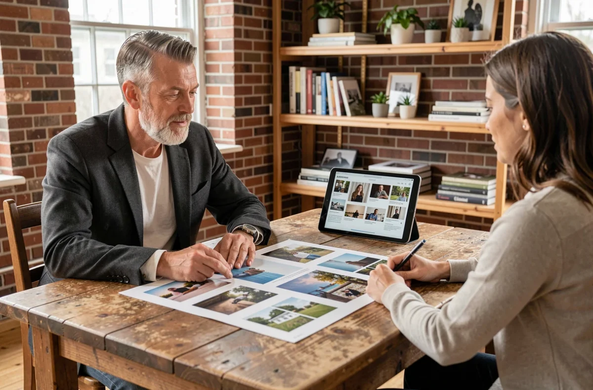 Photographe discutant d'un projet avec des clients dans un studio photo à Rambouillet