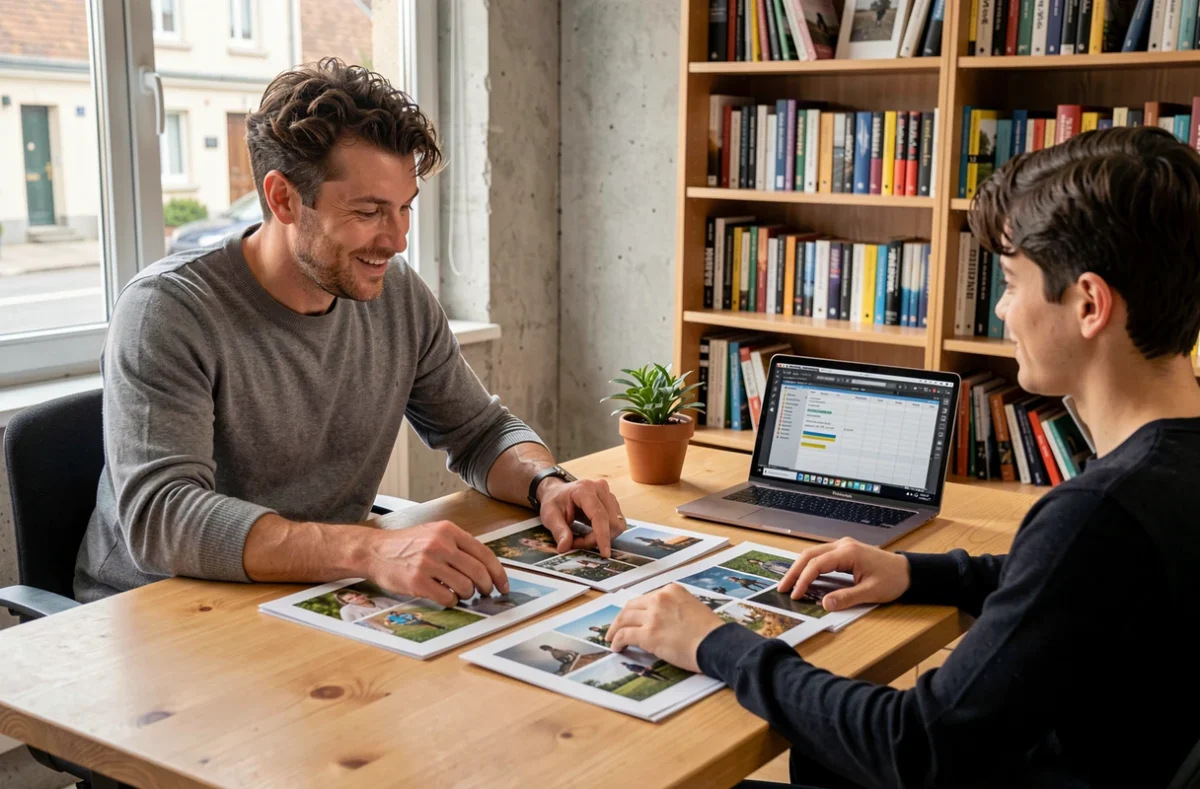 Photographe discutant des tarifs et du devis avec un couple lors d'une consultation à Chaville