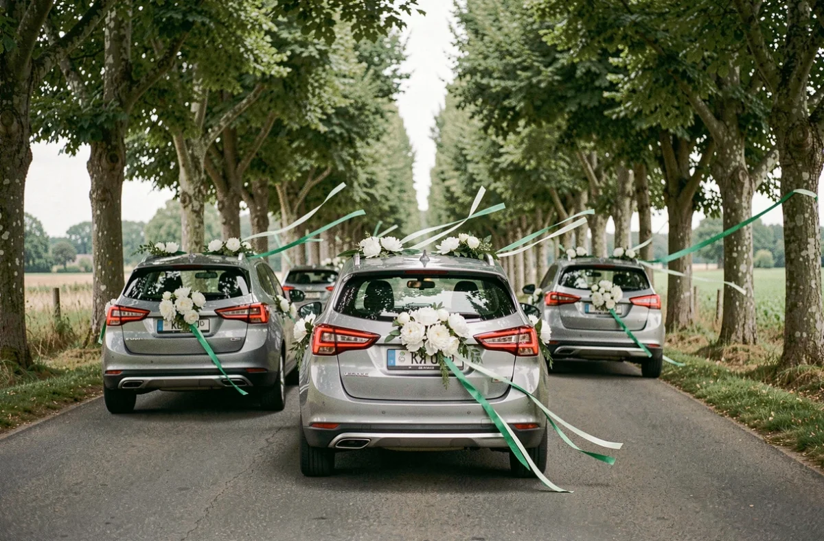 Cortège de mariage avec trois voitures coordonnées portant des balais floraux assortis sur une route de campagne française