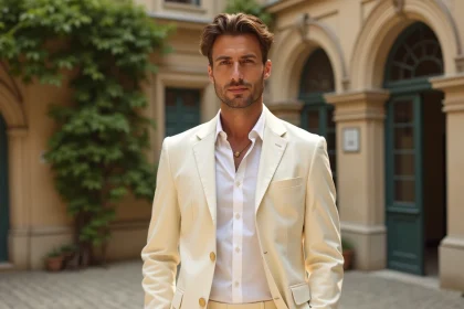 Homme élégant en costume en lin ivoire pour un mariage à Paris en été, dans une cour haussmannienne