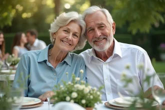 Couple de personnes âgées célébrant 55 ans de mariage lors d'un repas de famille en jardin
