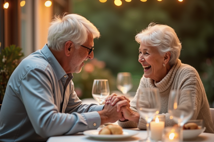 Couple d'anciens souriants lors d'une celebration d'anniversaire