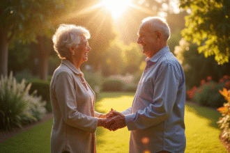 Vieux couple échangeant des vœux dans un jardin ensoleille